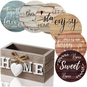 Wood Heart Coasters Set of 6 with Holder Farmhouse Drink Table Protection Gift